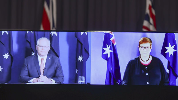 Prime Minister Scott Morrison and Minister for Foreign Affairs Marise Payne during a virtual press conference about Kylie Moore-Gilbert's release seen from the Blue Room at Parliament House.
