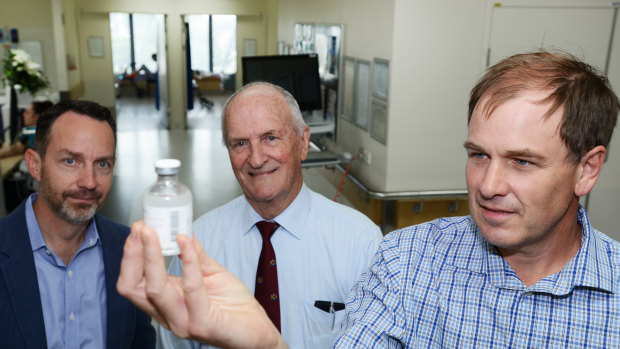Professor Geoffrey Playford (right) with Dr Peter Reid (centre) and Professor Trent Munro (left) says the new human Hendra treatment has passed clinical trials with flying colours.
