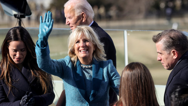 Dr Jill Biden waves after her husband Joe Biden is sworn in as 46th US President. 