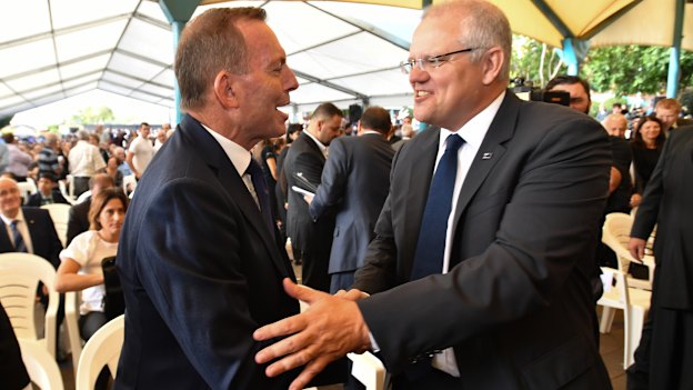 Former prime minister Tony Abbott and Prime Minister Scott Morrison at Good Friday Easter services at St Charbel's Catholic Maronite Church at Punchbowl.