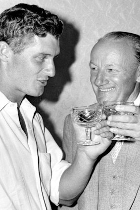 Sir Donald Bradman (right) congratulates Cowper for his 307 in 1966, a knock that surpassed the Don’s 270 at the MCG in 1937. 