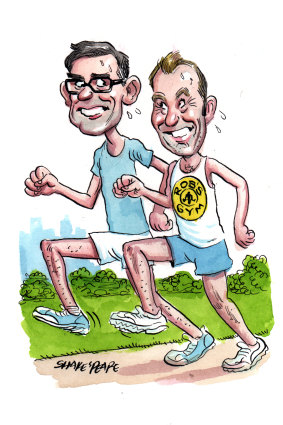 Dominic Perrottet's jog in the Domain with Rob Stokes raised a few eyebrows on Macquarie Street. Illustration: John Shakespeare