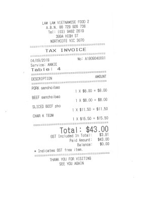 Receipt for lunch with Patricia Cornelius.
