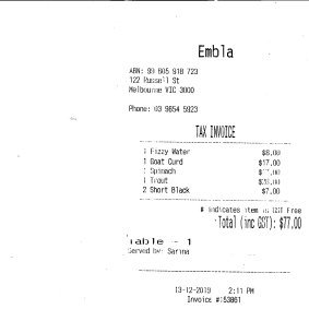 Receipt for lunch with Kate Torney