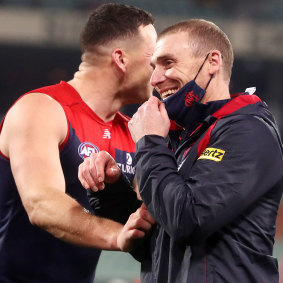 Melbourne coach Simon Goodwin was all smiles after the qualifying final win over the Lions.