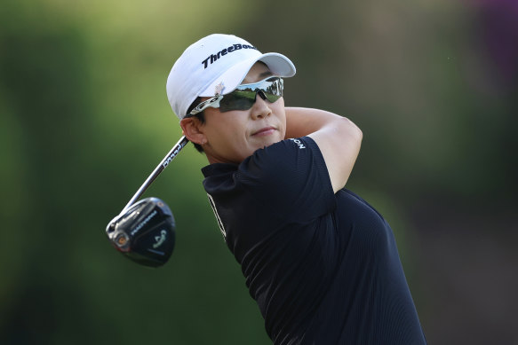 Jiyai Shin drives on her way to a second-round 68 at The Australian on Friday.