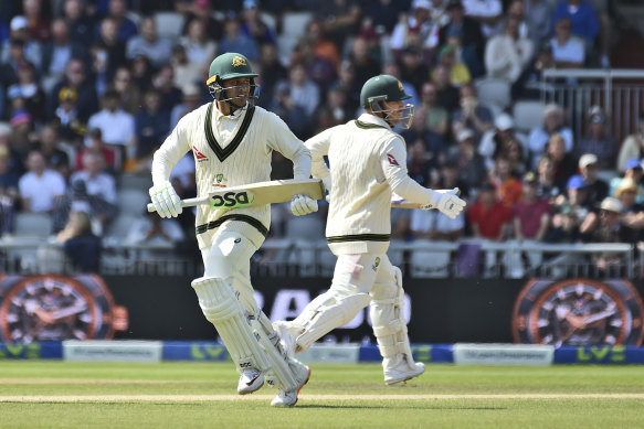 Usman Khawaja and David Warner batting at Old Trafford.