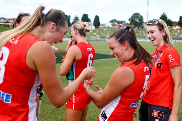 All muscle: Swans Taylor Smith and Chloe Molloy celebrate the win.