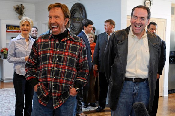 Republican presidential hopeful, former Arkansas Gov. Mike Huckabee, right, appears with Chuck Norris in 2008.