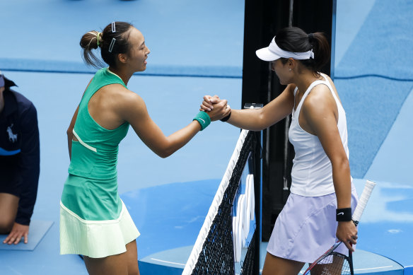 Qinwen Zheng and Yafan Wang embrace at the net after their hard-fought third-round match at the Australian Open; a contest that attracted more than five million views on China’s 24-hour sports TV station.