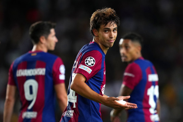 Joao Felix celebrates his second goal, Barcelona’s fifth, of the UEFA Champions League match against Royal Antwerp on Tuesday.