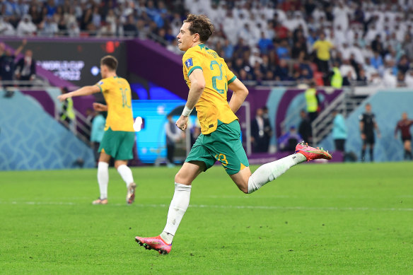 Craig Goodwin celebrates after his goal.