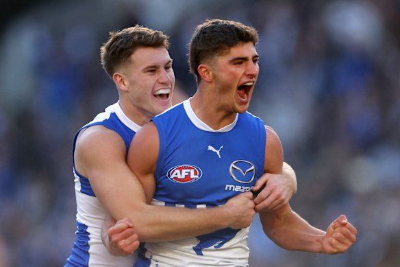 Kangaroos player Harry Sheezel (front), a Jewish man, was targeted with antisemitic comments online after he was drafted in 2022.