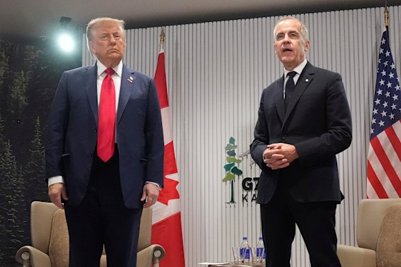 US President Donald Trump and Canadian Prime Minister Mark Carney at the G7 summit in Canada on June 16.