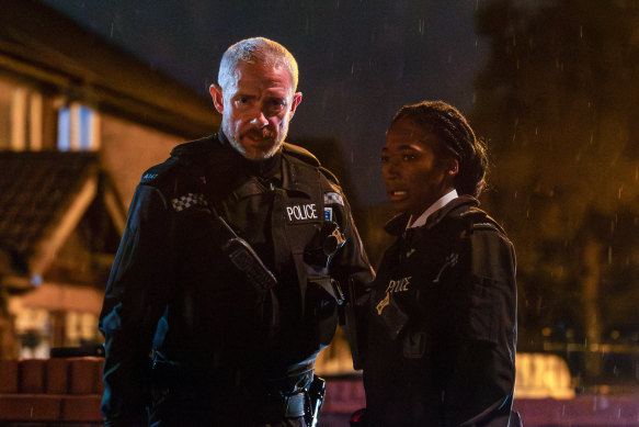 Freeman as Chris and Adelayo Adedayo as Rachel, out on the night shift.