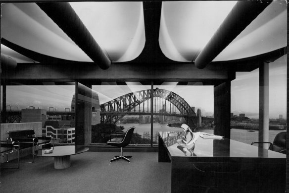 Harry Seidler’s open plan office with Harbour Bridge views, photographed in 1973.