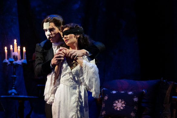 Josh Piterman and Amy Manford as the Phantom and Christine in <i>Phantom of the Opera</i>.