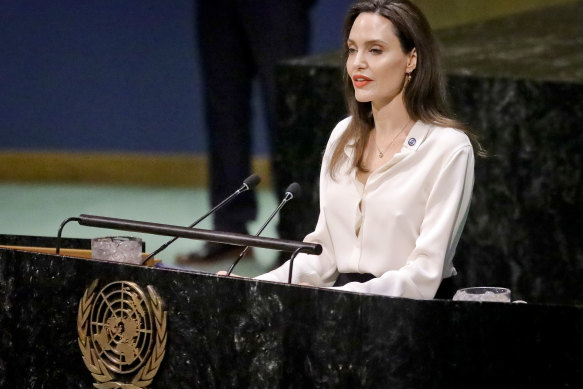 Angelina Jolie, addressing a meeting on UN peacekeeping in 2019, has created a fashion blueprint for Meghan with her new business Atelier Jolie.