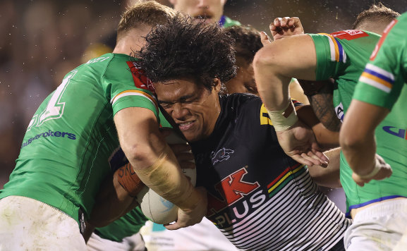Penrith winger Brian To’o braces for contact on Friday night.