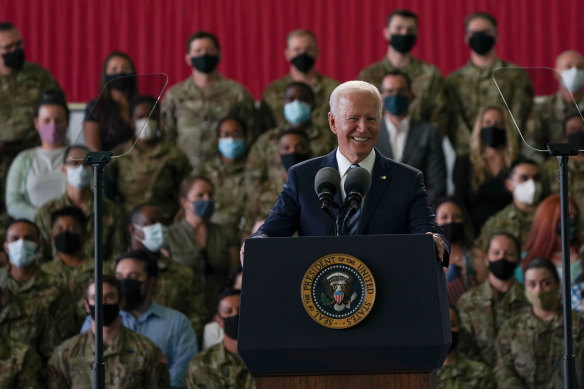 US President Joe Biden addresses US Air Force personnel at RAF Mildenhall in Suffolk. 