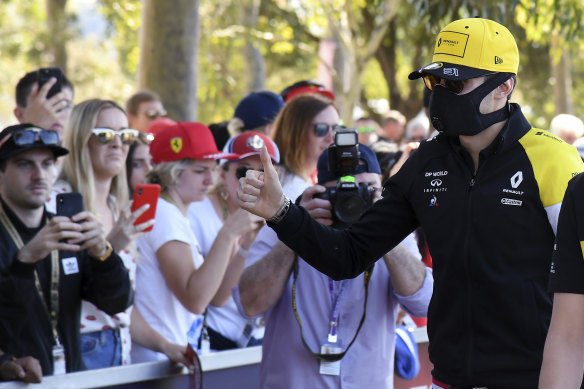 Renault driver Esteban Ocon, teammate of Australian Daniel Ricciardo, wearing a face mask. 