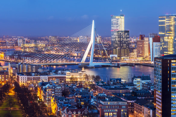 An aerial shot of Rotterdam in the Netherlands.