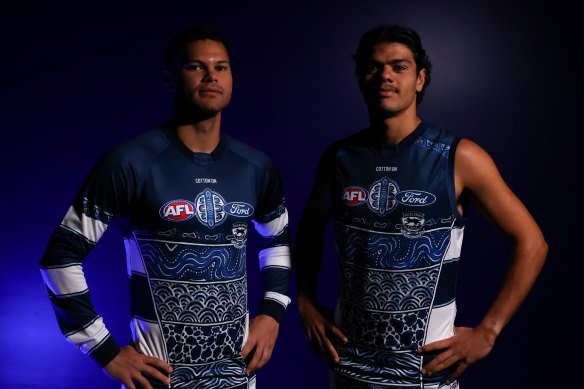 Brandan Parfitt and Cats teammate Lawson Humphries in the guernsey their club will wear in Sir Doug Nicholls round.