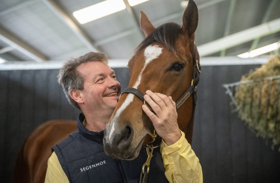Segenhoe studmaster Peter O’Brien with Winx’s half-sister Courchevel, who will be sold at the Inglis Chairman’s Sale on Friday.
