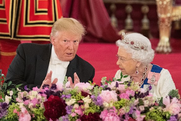Trump and Queen Elizabeth attend a state banquet at Buckingham Palace in 2019.