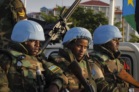 United Nations peacekeepers from Rwanda  in Juba, South Sudan's capital.