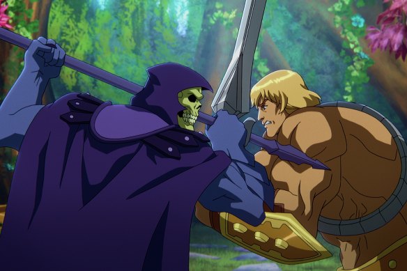 Skeletor (Mark Hamill) and He-Man (Chris Wood) battle in Masters of the Universe: Revelation.