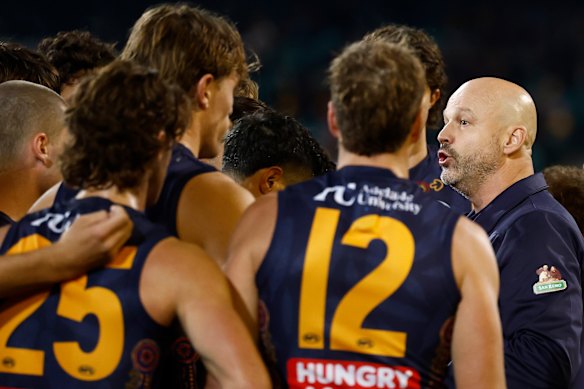 Crows coach Matthew Nicks addresses his players.