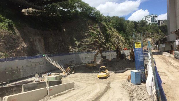 An underground car park is being excavated under the Story Bridge for the Howard Smith Wharf redevelopment.
