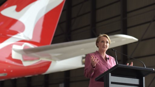 Vanessa Hudson, chief executive officer of Qantas, speaking during a news conference at the company’s hangar in Tullamarine.