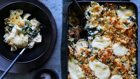 Karen Martini’s baked farfalle with tuna, silverbeet, stracciatella and peas.