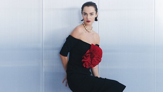 Rebecca Vallance “Rhosen” dress, $729. Alias Mae “Isabel” shoes, $230. Pearl necklace (worn throughout), $2595, from Greene & Greene Antiques. Levante pantyhose (worn throughout), $38, from David Jones.