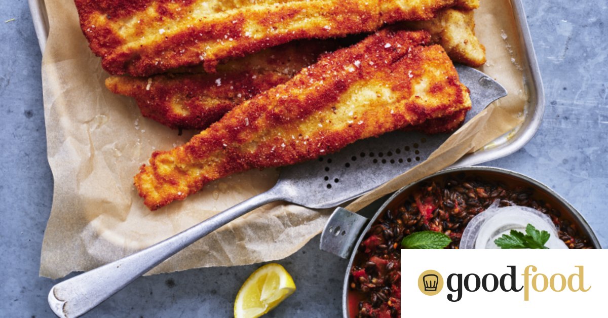 Crumbed flake with roasted tomato, black barley and herb salad
