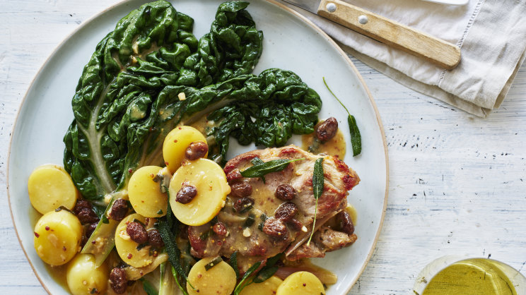 Lemony pork neck steaks with sultanas and mustard