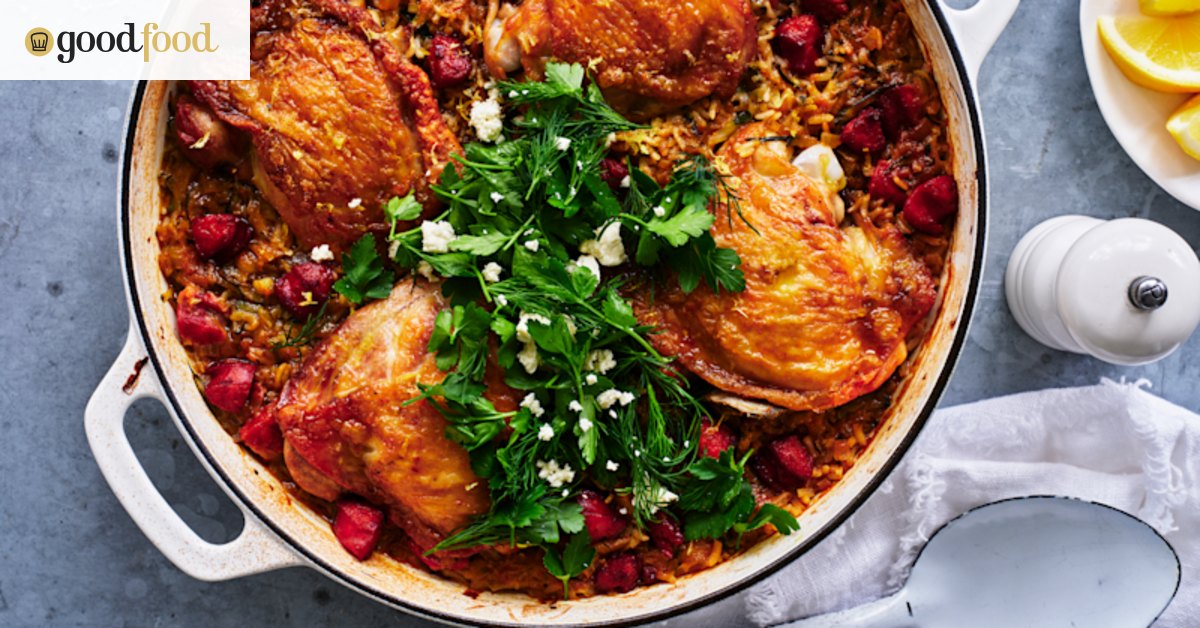 Chicken, chorizo and rice bake with dill and feta herb salad