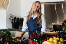 Dinnigan in her kitchen at Casa Olivetta in Puglia after a visit to Ostuni’s local markets. She opened the villa to guests last year. Italy has a huge influence on all her interiors, wherever they be located.  