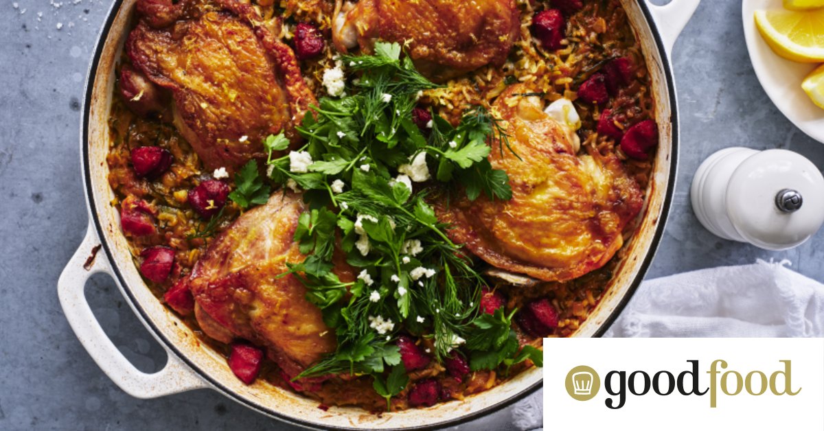 Chicken, chorizo and rice bake with dill and feta herb salad