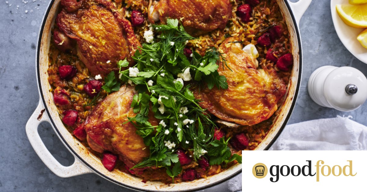 Chicken, chorizo and rice bake with dill and feta herb salad