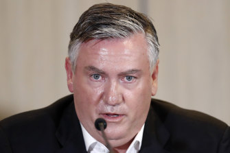 MELBOURNE, AUSTRALIA - FEBRUARY 01: Collingwood President Eddie McGuire speaks to the media at Collingwood Magpies AFL press conference at the Glasshouse Event Space on February 01, 2021 in Melbourne, Australia.  (Photo by Darrian Traynor/Getty Images)