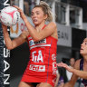 BRISBANE, AUSTRALIA - APRIL 30: Helen Housby of the Swifts catches the ball during the round seven Super Netball match between Queensland Firebirds and NSW Swifts at Nissan Arena, on April 30, 2022, in Brisbane, Australia. (Photo by Jono Searle/Getty Images)