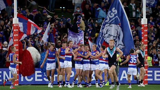 ADELAIDE, AUSTRALIA - MAY 15: Mitch Hannan of the Bulldogs celebrates a goal during the 2021 AFL Round 09 match between the Port Adelaide Power and the Western Bulldogs at Adelaide Oval on May 15, 2021 in Adelaide, Australia. (Photo by James Elsby/AFL Photos via Getty Images)