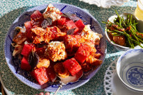 Korean chilli flakes add vibrancy to this cooling watermelon salad.