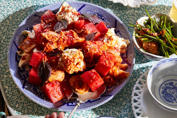 Korean chilli flakes add vibrancy to this cooling watermelon salad.