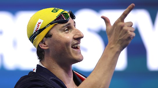 Cameron McEvoy reacts after winning the men’s 50m freestyle final at the world championships. 
