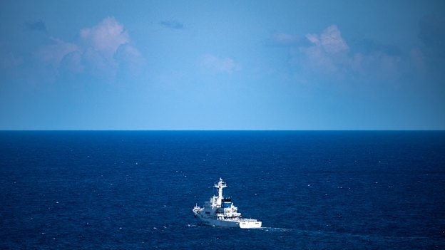 A Japanese coast guard vessel on patrol off the coast of Yonaguni Island.