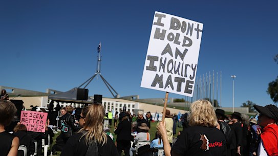 Women’s March 4 Justice protest at Parliament House in Canberra on Monday. 